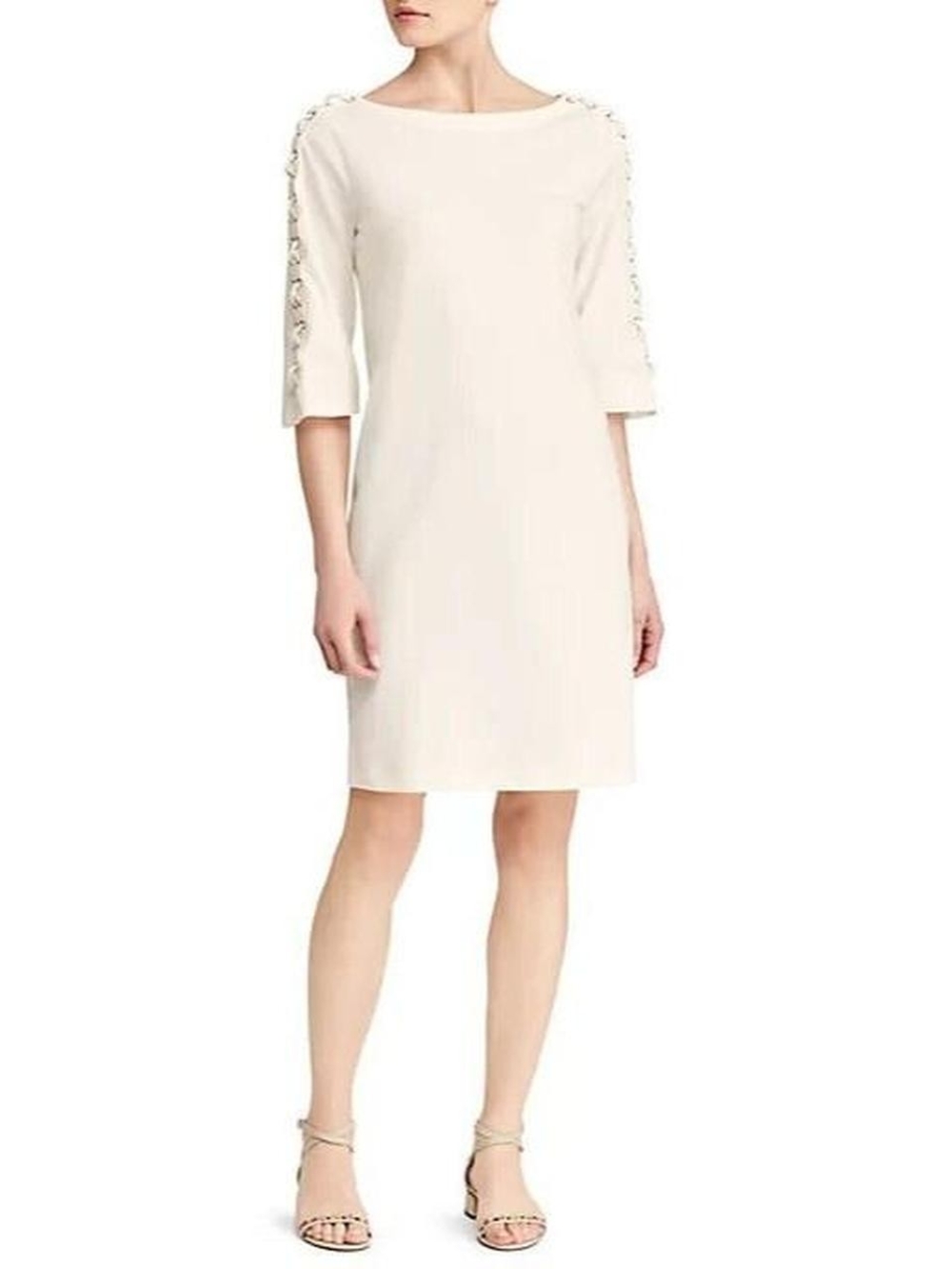 Lauren Ralph Lauren Cream Ivory Shift Dress 3/4 Lace Up Grommet Sleeve Cotton M